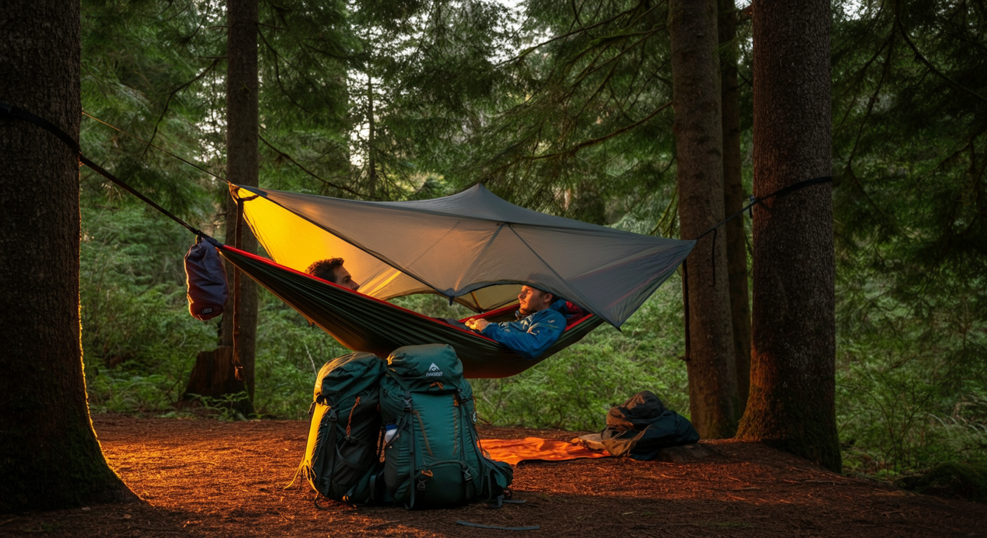 Couple relaxing in elevated Nube hammock shelter between trees in scenic forest