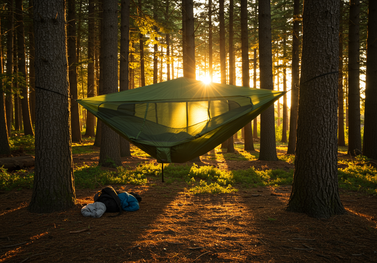 Nube hammock shelter system in forest at golden hour