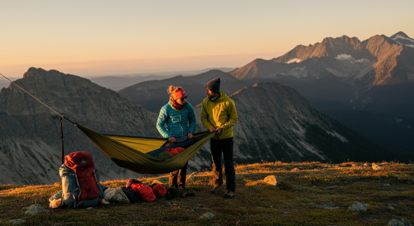 Couple on multi-day trek with compact Nube setup